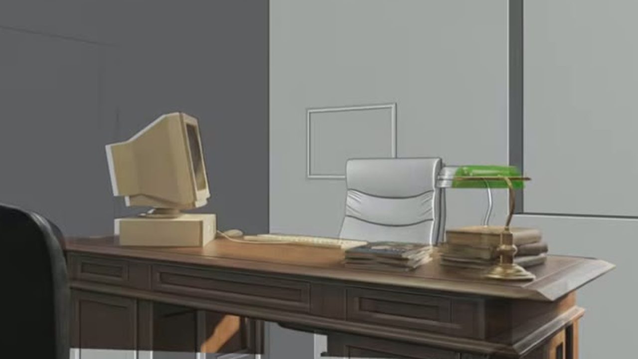 Grey Blender render of a desk with a beige computer and a green lamp