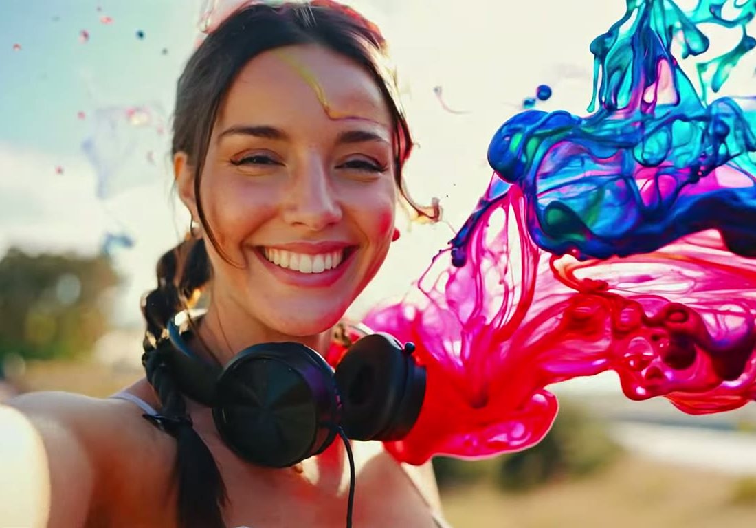 The same woman smiling as pink and blue paint bursts out beside her