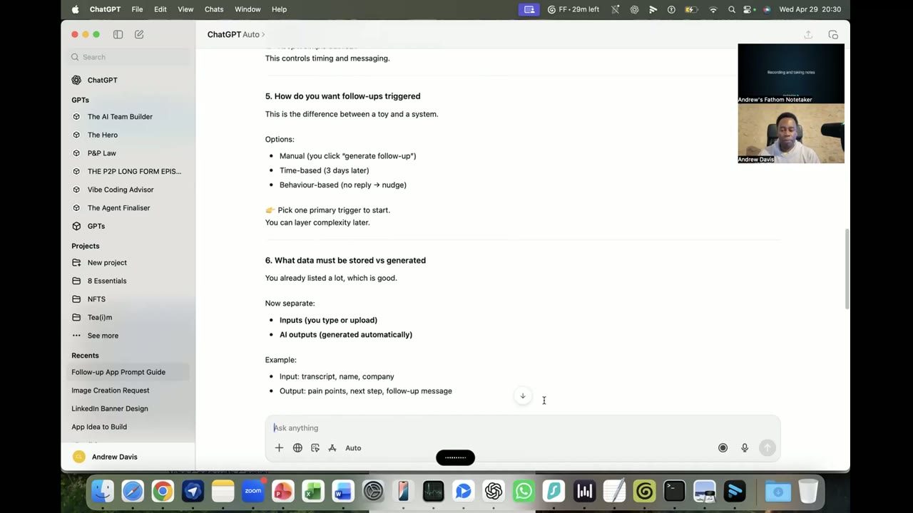 Planning the follow-up app in a ChatGPT conversation