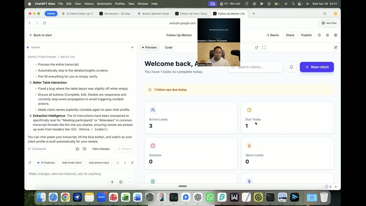 The Follow Up Mentor dashboard in Google AI Studio