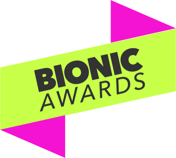 The Bionic Awards lime and magenta badge
