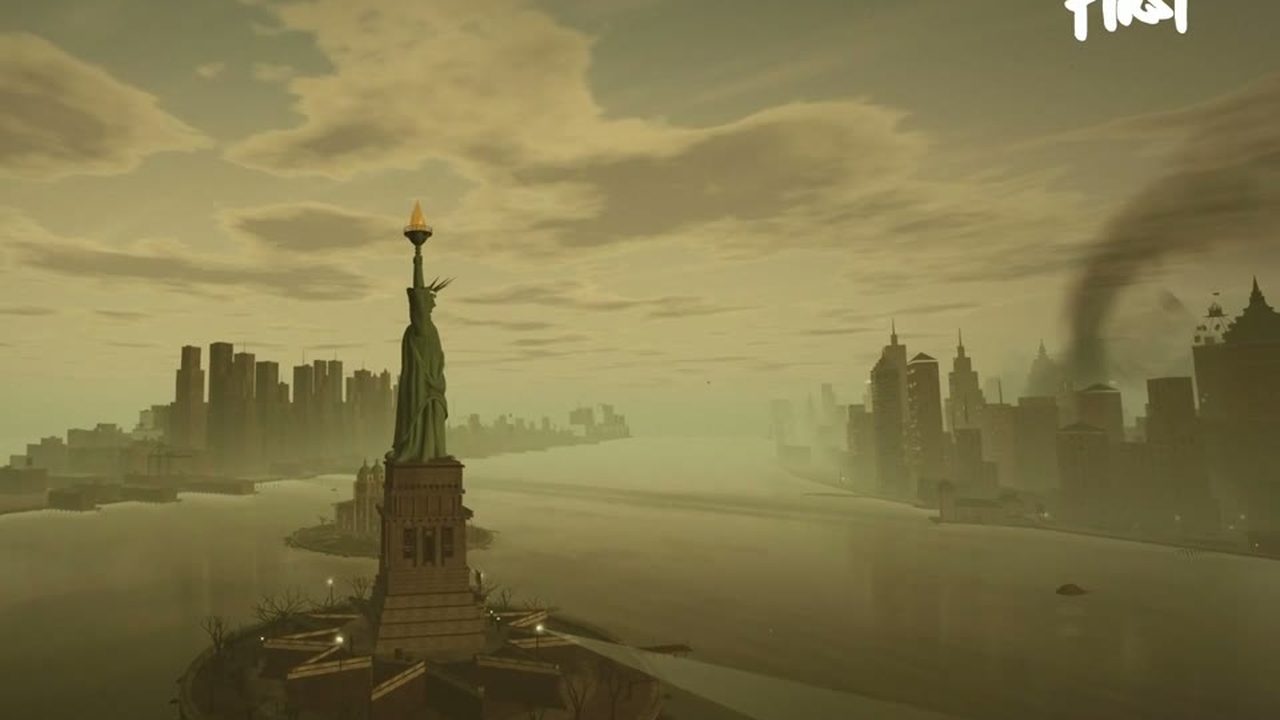 The Statue of Liberty in a hazy harbour, rendered in the Fallout: New York browser game