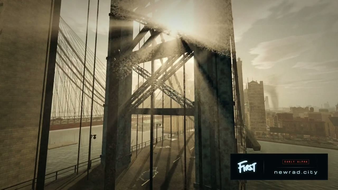 The same bridge with sun rays through the tower, from the New Rad City launch trailer
