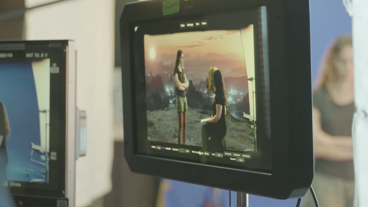 A monitor on a blue-screen stage showing two actresses composited into an alien landscape