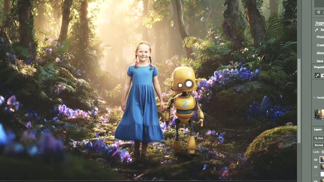 A young girl in a blue dress and the orange robot in a sunlit forest, inside Photoshop