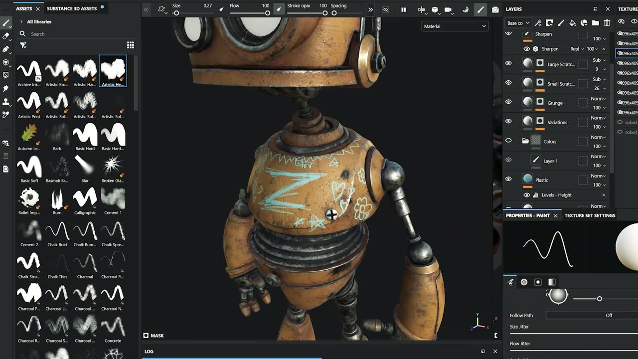 A small orange robot with a Z on its chest in a 3D texturing application