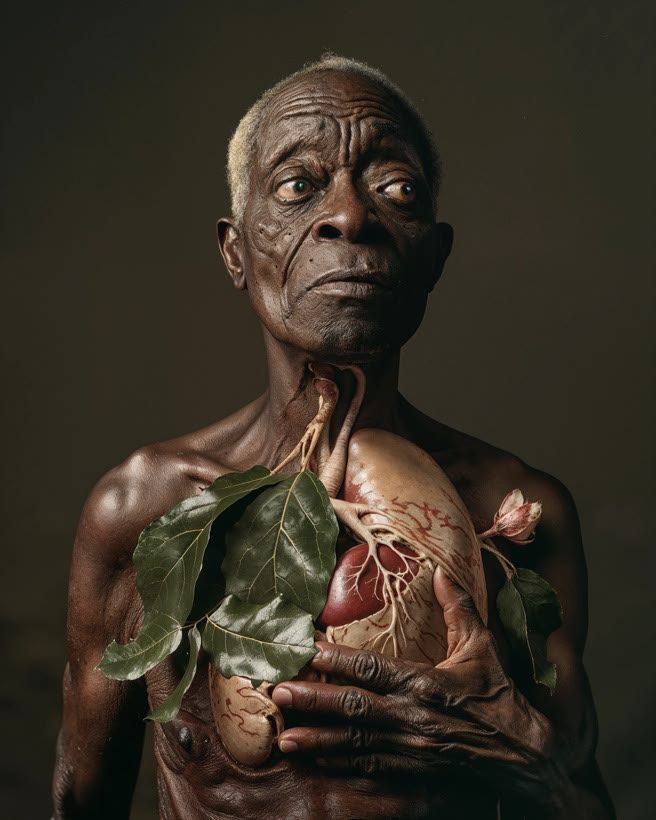 An old man holding leaves over an anatomical heart, the image his site pairs with the Art for Life milestone