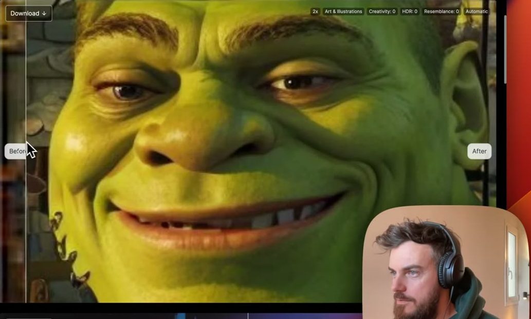 The same face upscaled to a sharp, detailed image