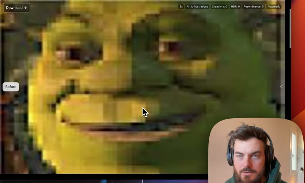 A blocky, pixelated cartoon face in Magnific's editor, with Linus's face-cam in the corner