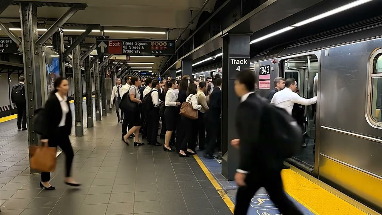 The same subway platform, now crowded with commuters in suits, generated