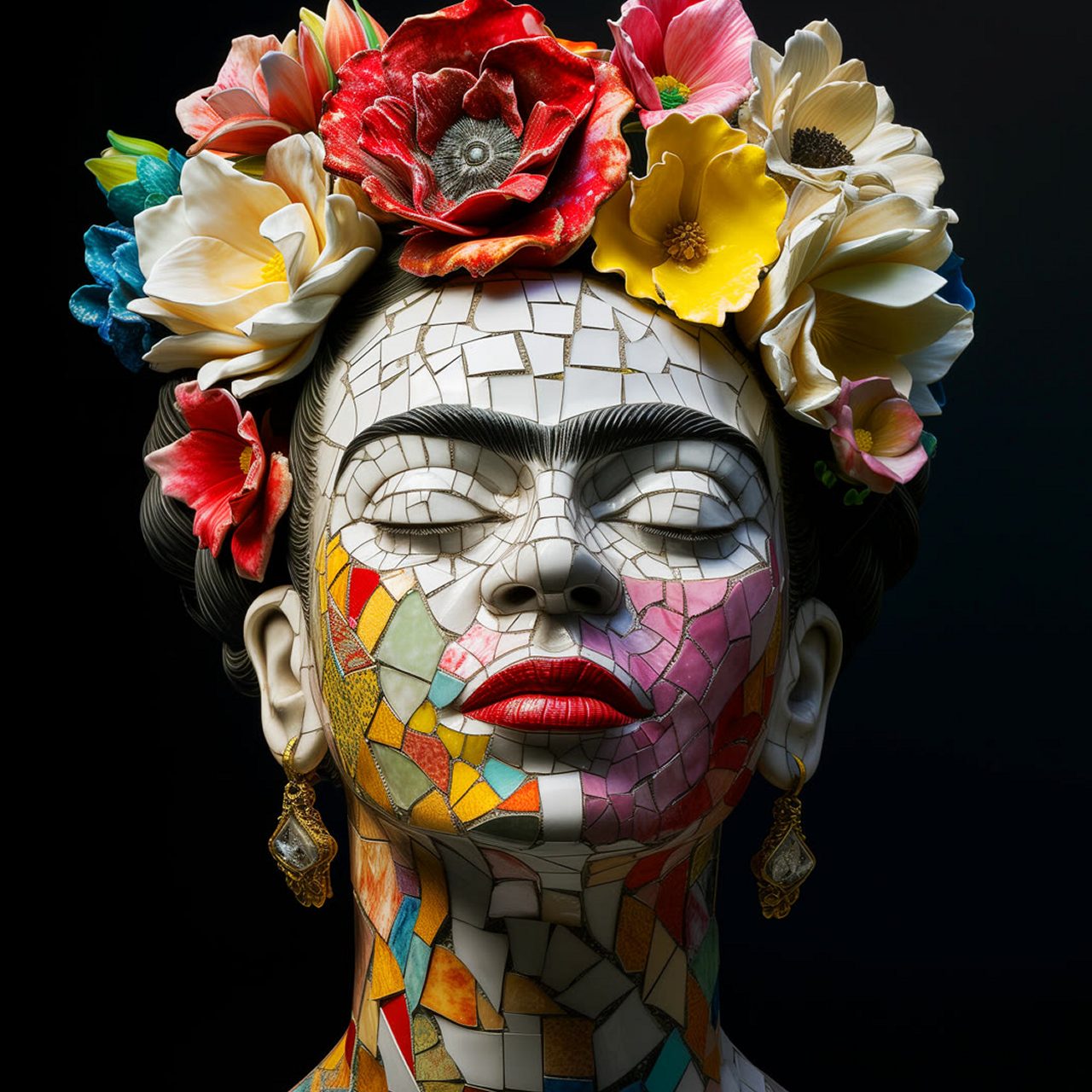 Fragments of Resilience: Frida Kahlo as a white and coloured tile mosaic, under a crown of flowers