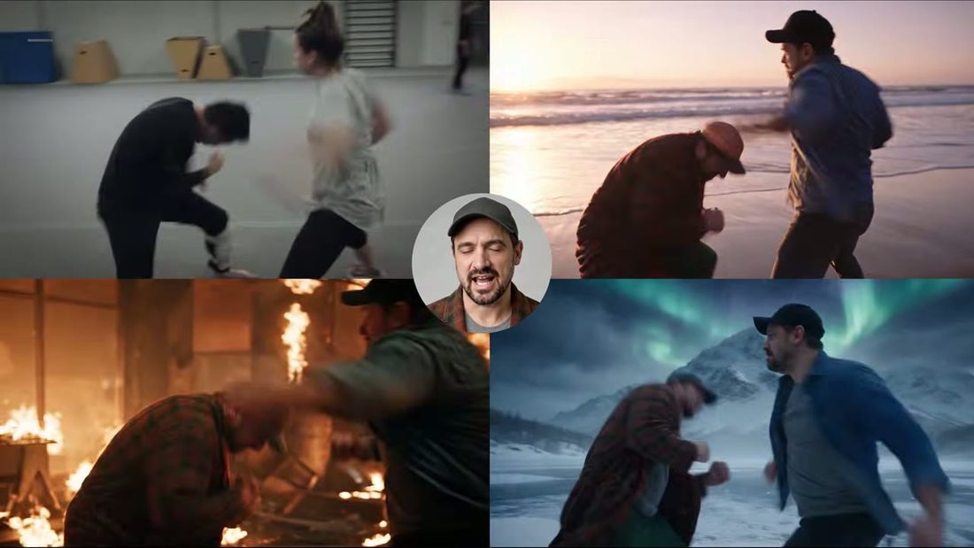 One stunt, four worlds, frame 6 of 11
