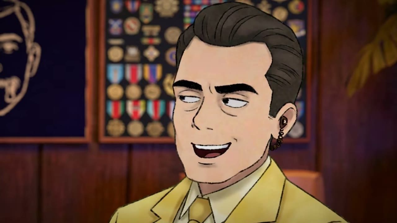 Cartoon agent in a yellow suit smiling in front of a wall of medals