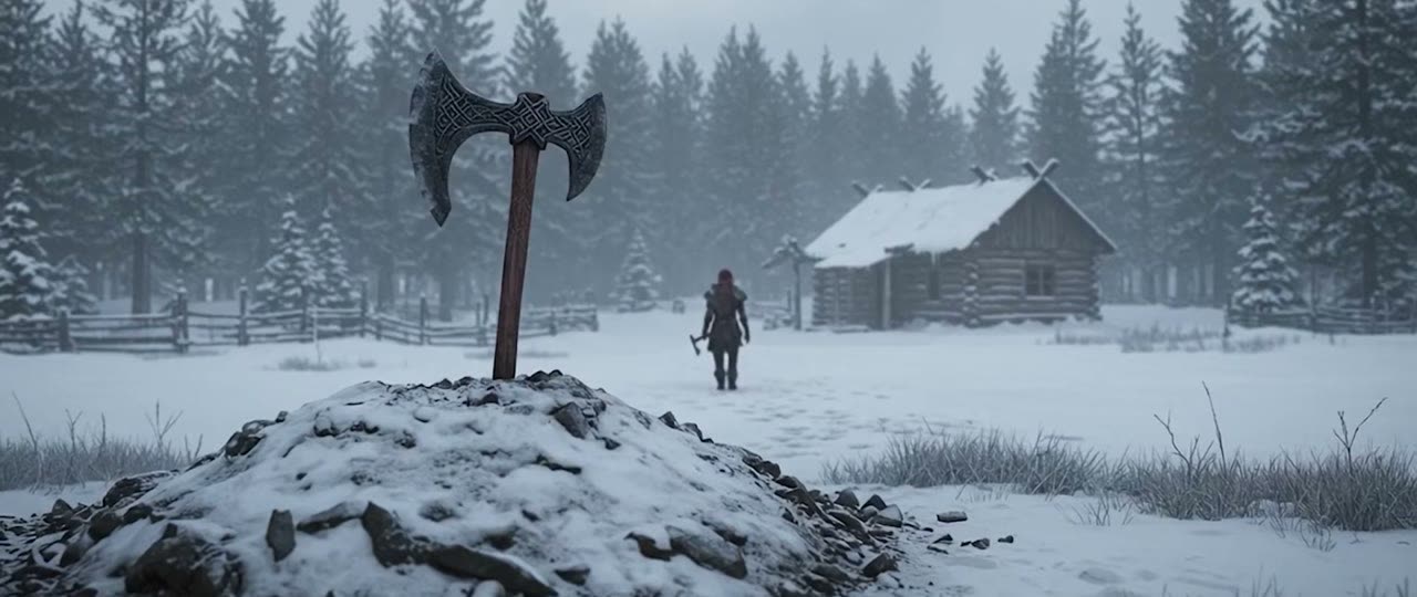 An axe planted in the snow near a cabin, from The Bridge (2025)