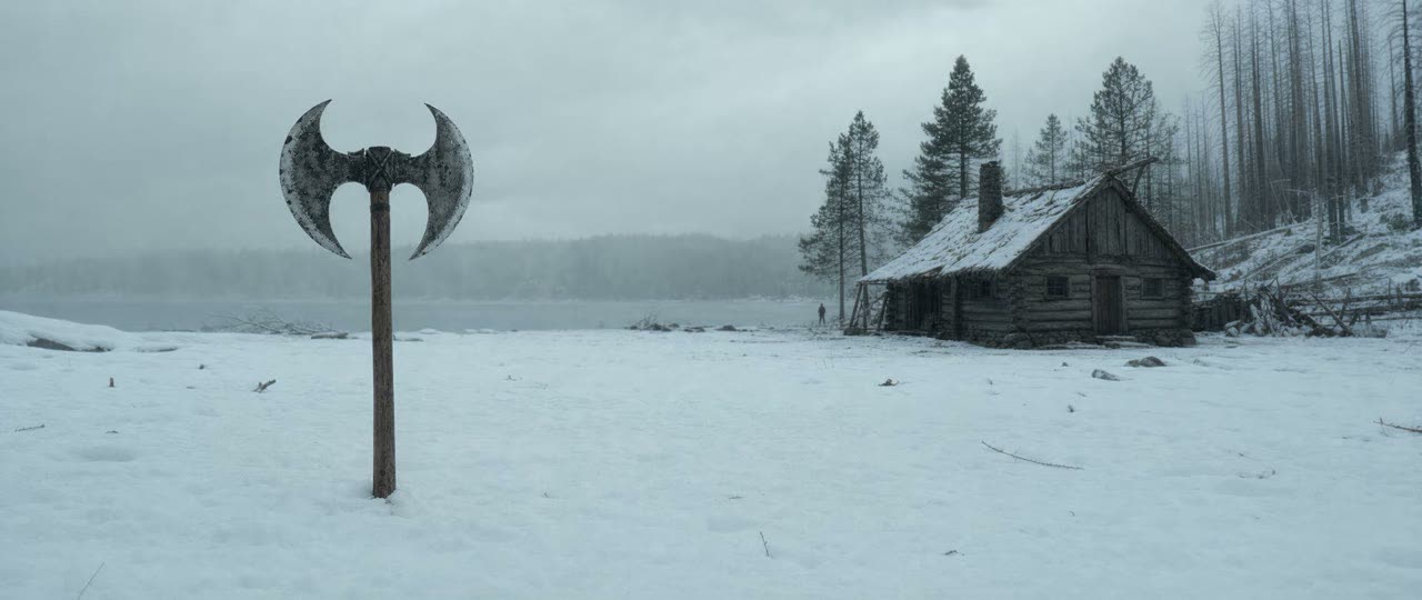 An axe standing in the snow near a cabin, from The Bridge (2026)
