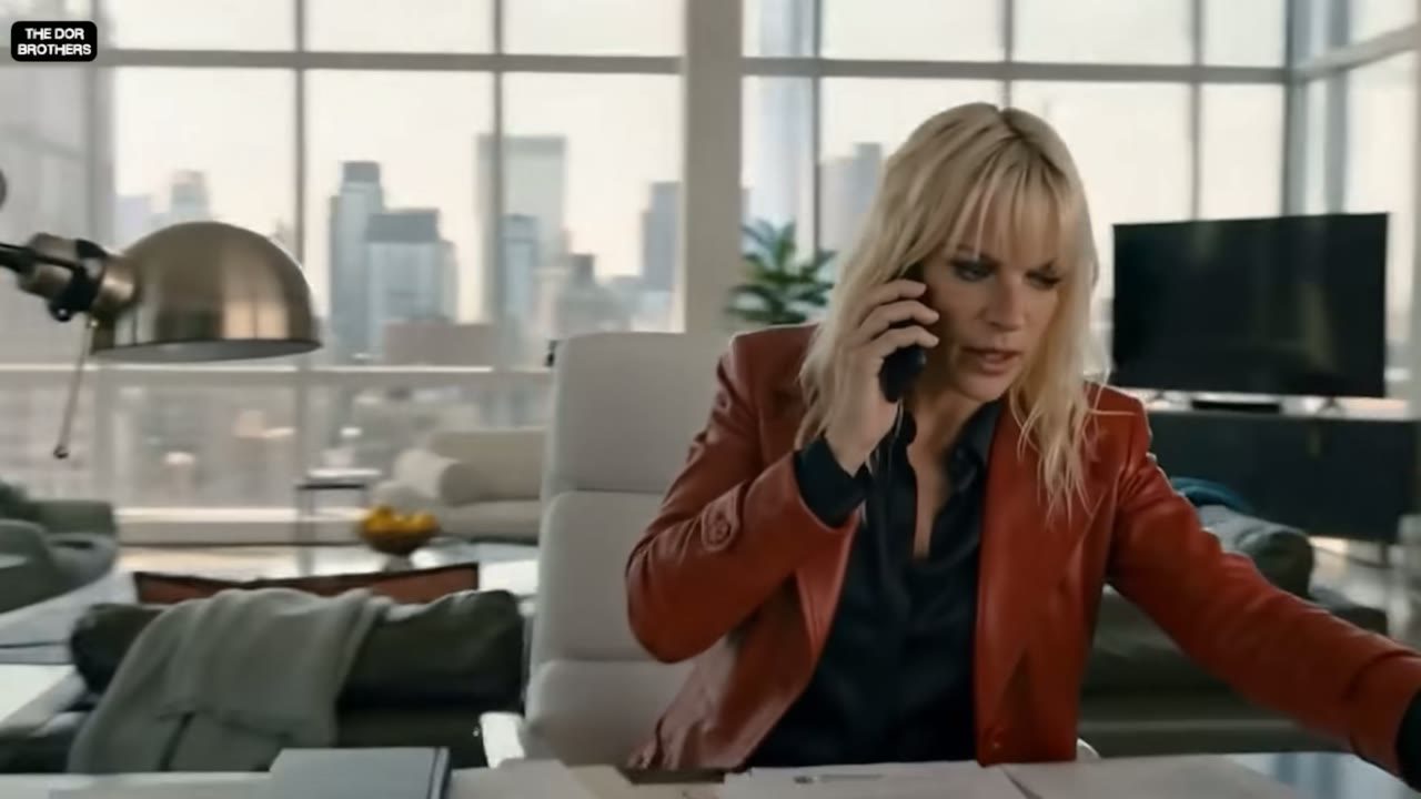 The Apex heroine on the phone in a Manhattan office